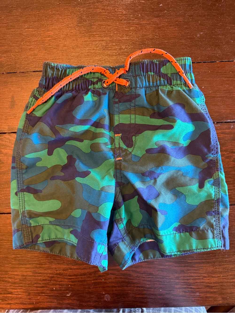 GAP Boys Green & Blue Camo Swim Shorts with Orange Drawstring